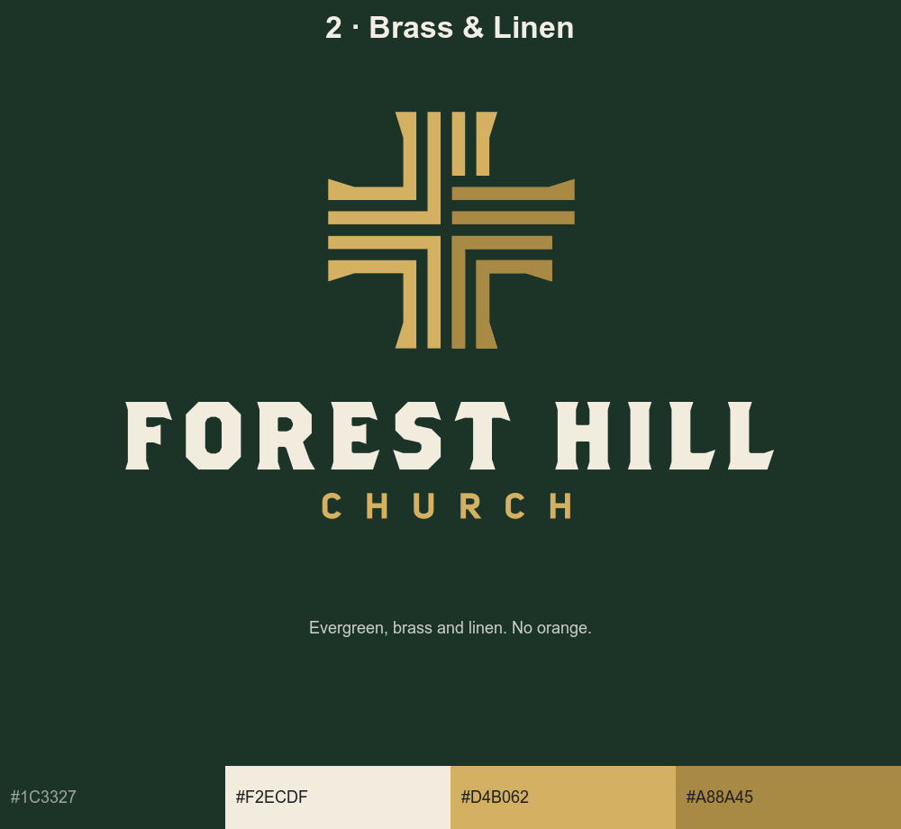 Option 2, Brass and Linen: linen wordmark, two-tone brass cross on evergreen