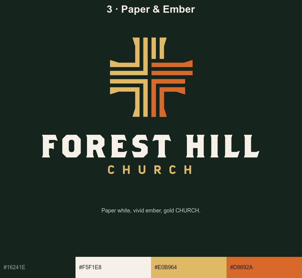 Option 3, Paper and Ember: paper-white wordmark, gold and vivid ember cross, gold CHURCH